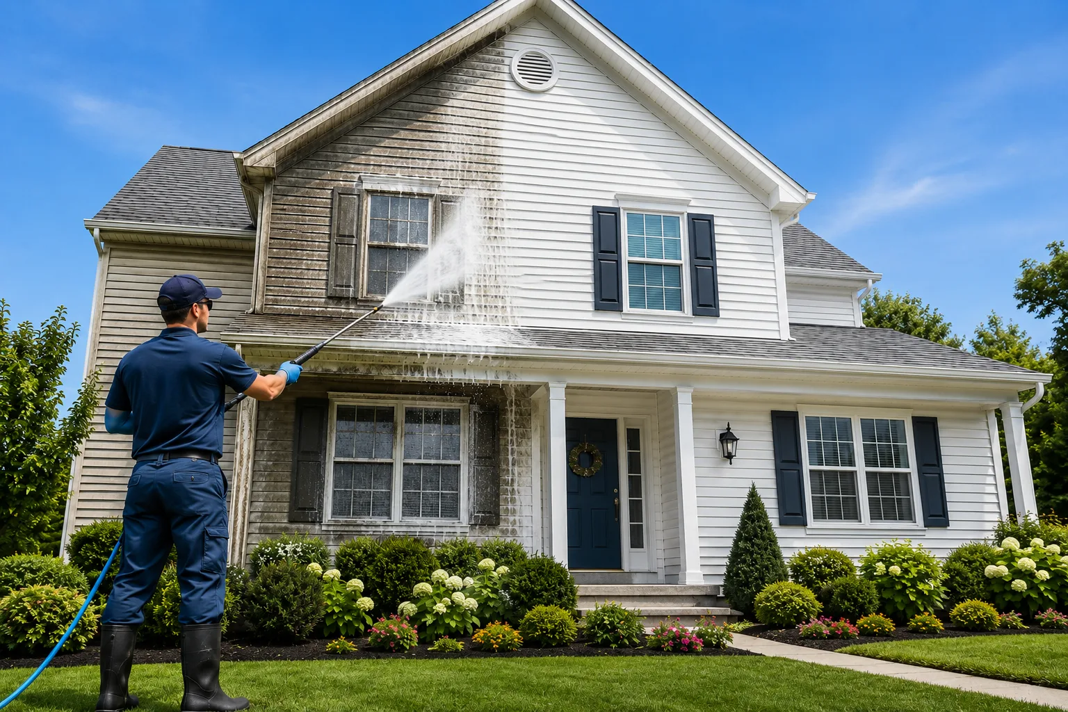 Clean Kitchener suburban home exterior after a soft-wash, taken from the driveway approach
