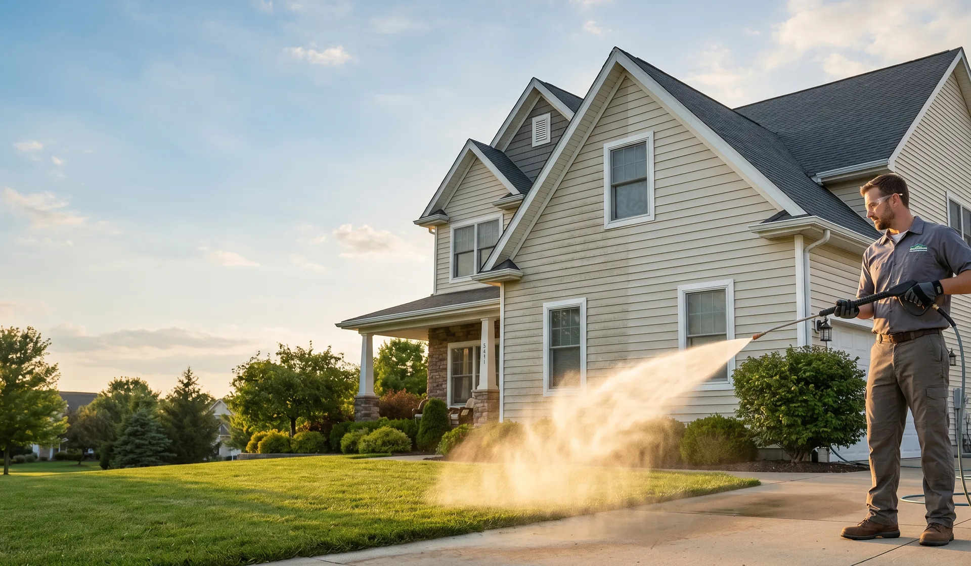 Soft-wash technician cleaning a two-storey home exterior at golden hour in a Kitchener neighbourhood