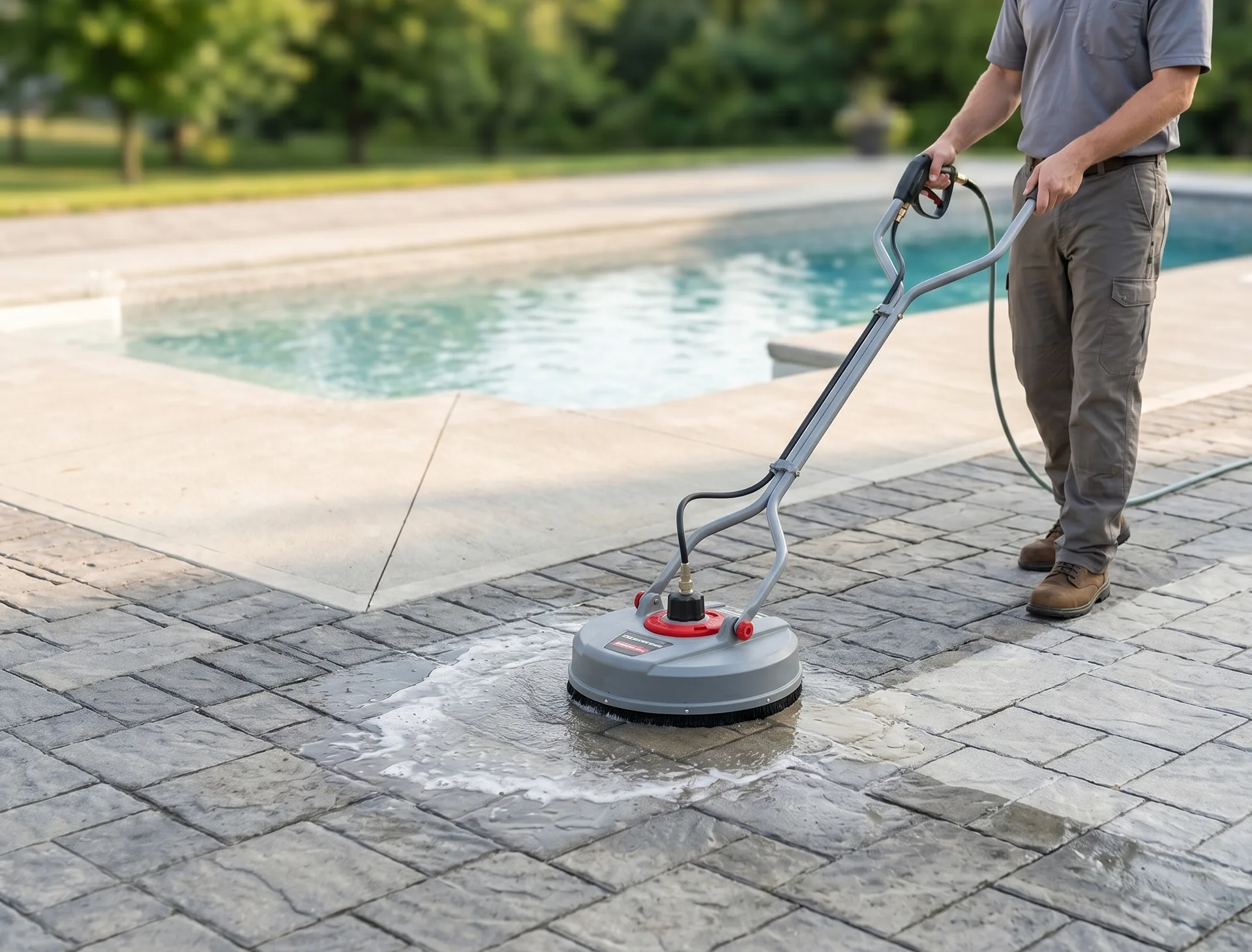 Kitchener pool deck pressure washing in progress
