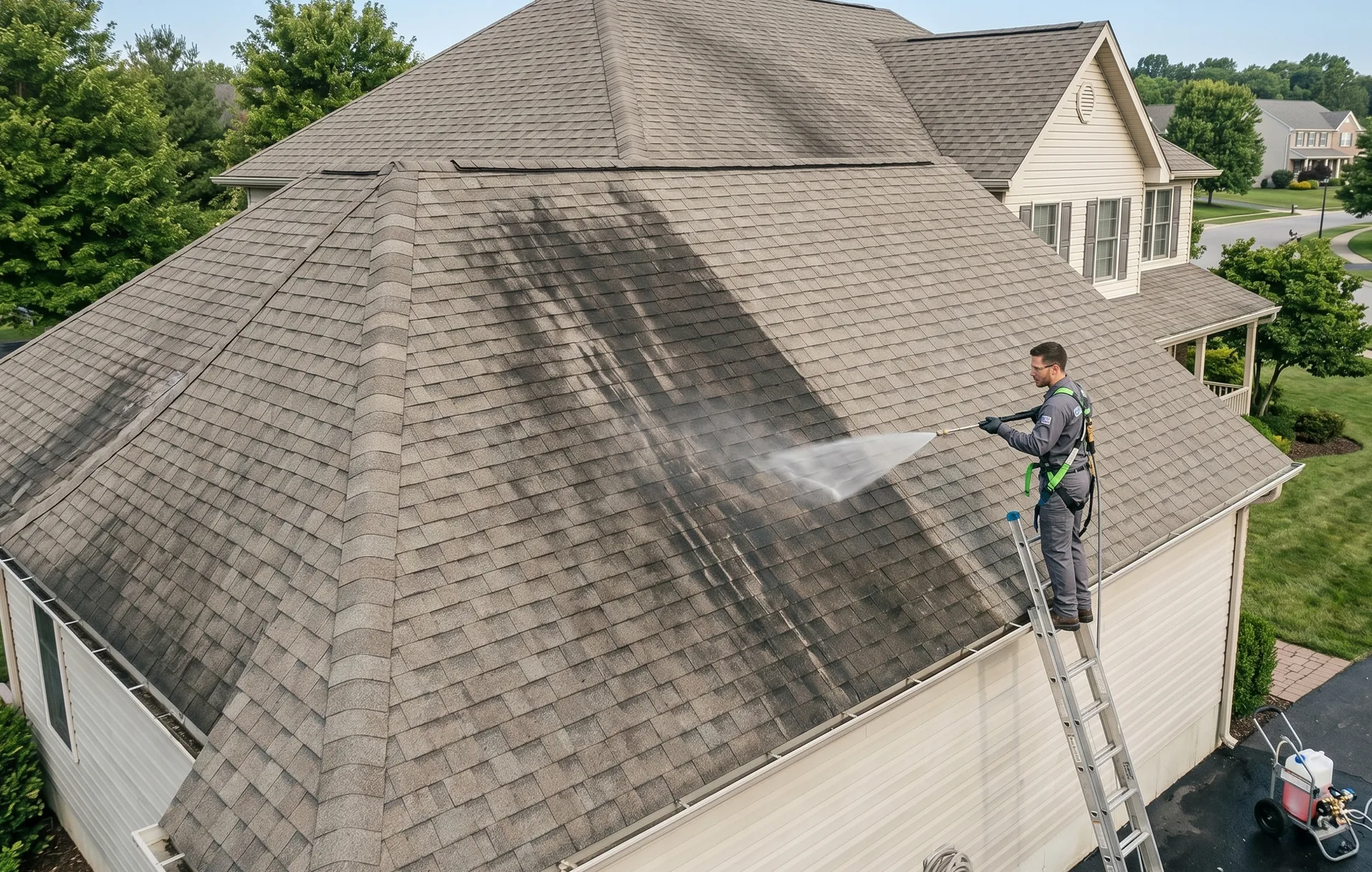 Kitchener chimney being cleaned with ARMA-compliant no-walk method from extension wand