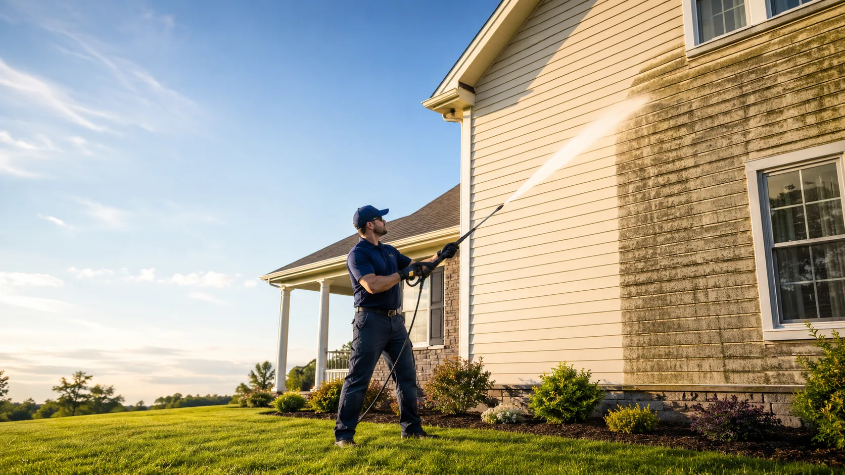 Kitchener technician soft-washing the upper storey of a vinyl-siding home with a low-pressure surfactant rig