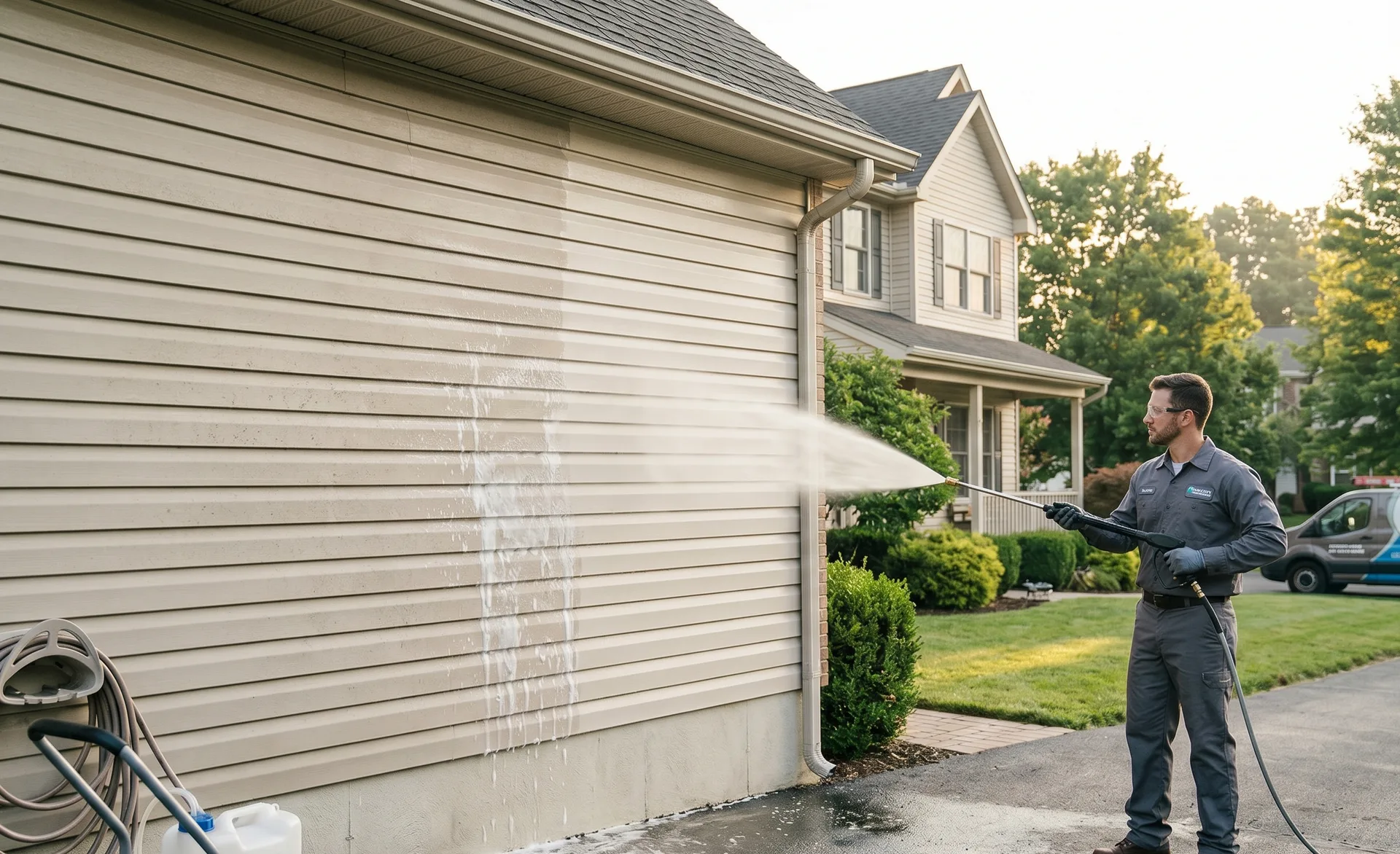 Close-up of soft-wash chemistry being applied to delicate vinyl siding in Kitchener